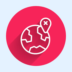Fototapeta premium White line Location on the globe icon isolated with long shadow background. World or Earth sign. Red circle button. Vector