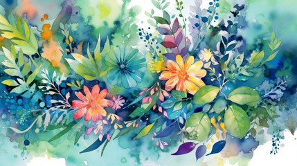 Background of leaves and flowers in watercolor. IA generative.