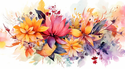 Background of leaves and flowers in watercolor. IA generative.