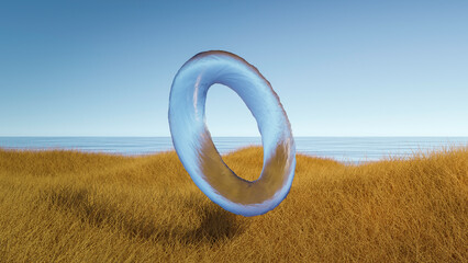 glass ring on the grass 3d illustration