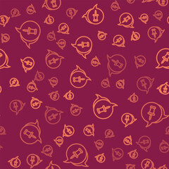 Brown line Push pin icon isolated seamless pattern on red background. Thumbtacks sign. Vector