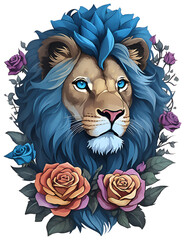 lion head with flowers - obrazy, fototapety, plakaty