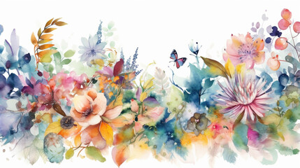 Obraz na płótnie Canvas Background of leaves and flowers in watercolor. IA generative.