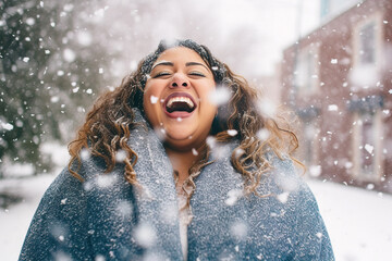 Young overweight mexican woman enjoying winter snowflakes in a joyful outdoor moment.  - obrazy, fototapety, plakaty