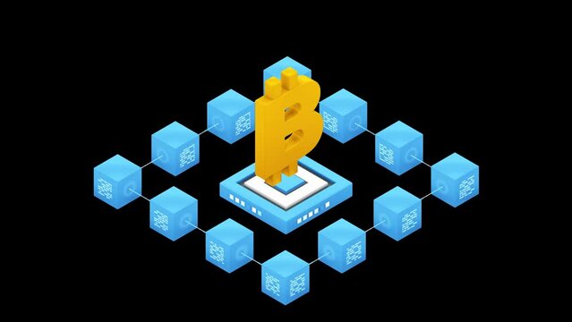 Server and bitcoin. Blockchain technology. 3d Isometric. Alpha channel.
