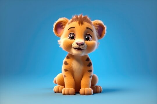 Cute lion cub baby illustration 3D children cartoon animation style. Generative AI