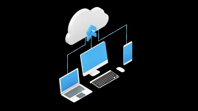 Isometric cloud computing services and technology, data storage, laptop, mobile.. 3d Isometric. Alpha channel.