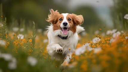 Kooikerhondje's Playful Chase in a Blossom-filled Meadow