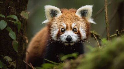 Fototapeta premium Red Panda's Delightful Feast in the Forest Canopy
