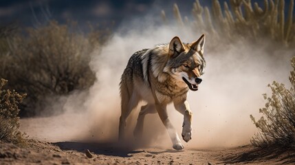 Mexican Wolf's Playful Frolic in the Desert