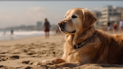Golden Retriever dog is on summer vacation at seaside resort and relaxing rest on summer beach of Los Angeles AI Generated