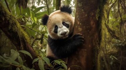 Obraz premium Panda Cub's First Climb in the Bamboo Forest