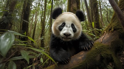 Panda Cub's First Climb in the Bamboo Forest