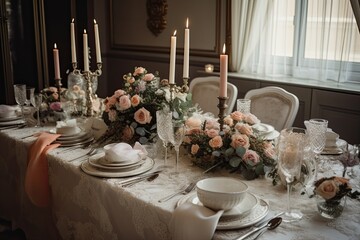 Wedding table setting with flowers, candles, and cutlery, A beautifully decorated dining table with wedding decor and centerpieces. AI Generated