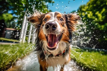 An image capturing the joy and excitement of a dog being washed with a garden hose outdoors on a sunny day, showcasing the playful and refreshing experience. Generative Ai