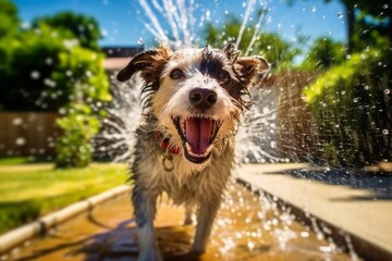 An image capturing the joy and excitement of a dog being washed with a garden hose outdoors on a sunny day, showcasing the playful and refreshing experience. Generative Ai