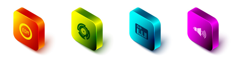 Set Isometric EDM electronic dance music, Vinyl disk, Music synthesizer and Speaker volume icon. Vector