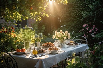 Table setting with croissants and fruits in the garden at sunset, A beautifully decorated dining table in a garden, AI Generated