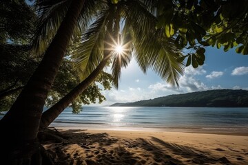 Fototapeta na wymiar Tropical beach with coconut palm trees at sunset, Seychelles, A beautiful tropical beach view with a clear blue ocean, AI Generated