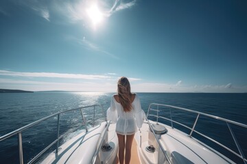 Fototapeta premium A beautiful young woman sailing on a yacht on a sunny day. A beautiful young lady full rear view without a face, AI Generated