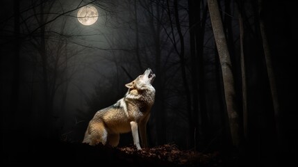Timber Wolf's Howl under the Full Moon in Canadian Forest