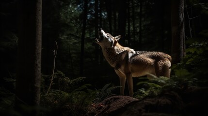 Timber Wolf's Howl under the Full Moon in Canadian Forest