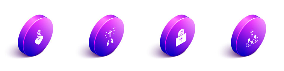 Set Isometric Religious cross in heart, Hands praying position, Donation for church and Priest icon. Vector