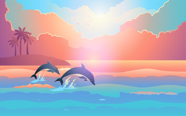 Fototapeta na wymiar Dolphins playing near tropical island