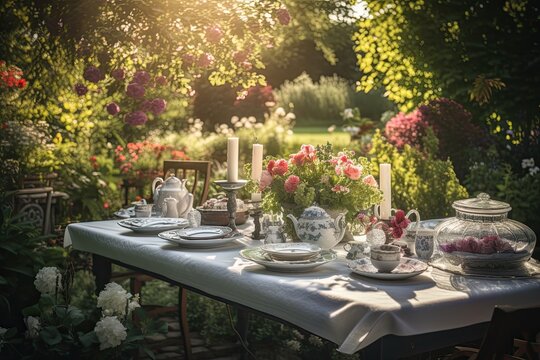 Beautiful table setting in the summer garden. Vintage style toned picture, A beautifully decorated dining table in a garden, AI Generated