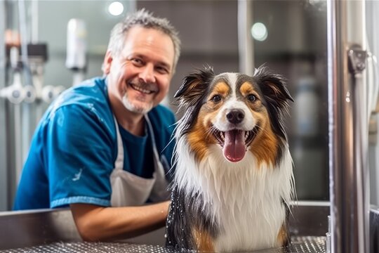 An image featuring a professional groomer expertly washing a dog in a professional grooming salon, emphasizing the quality and expertise of the service. Generative Ai