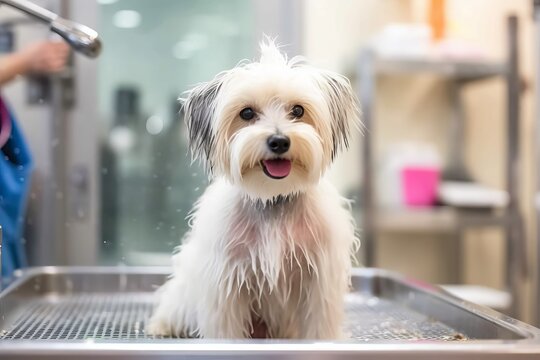 An image featuring a professional groomer expertly washing a dog in a professional grooming salon, emphasizing the quality and expertise of the service. Generative Ai