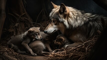 Wolf Pack's Tender Moment with Newborn Pups