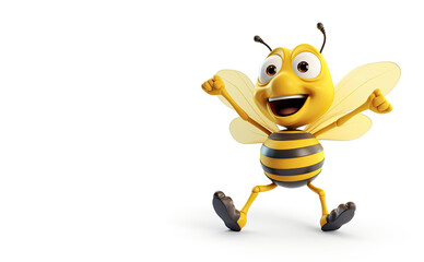 Cartoon bee running isolated on white background. 3d illustration. A cartoon bee with a happy face and arm raised in a cheerful gesture. AI Generated
