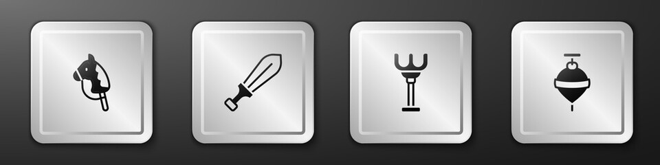 Set Toy horse, Sword toy, Rake and Whirligig icon. Silver square button. Vector