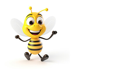 3d illustration of bee cartoon character with blank space for your text, A cartoon bee with a happy face and arm raised in a cheerful gesture. AI Generated