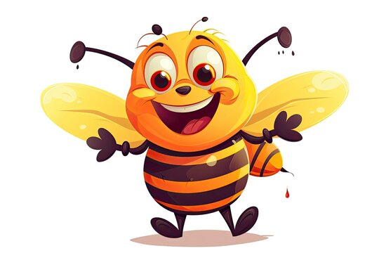 Cute cartoon bee vector illustration isolated on white background. Funny bee character. A cartoon bee with a happy face and arm raised in a cheerful gesture. AI Generated