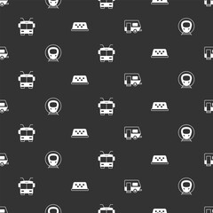 Set Rv Camping trailer, Train and railway, Trolleybus and Taxi car roof on seamless pattern. Vector