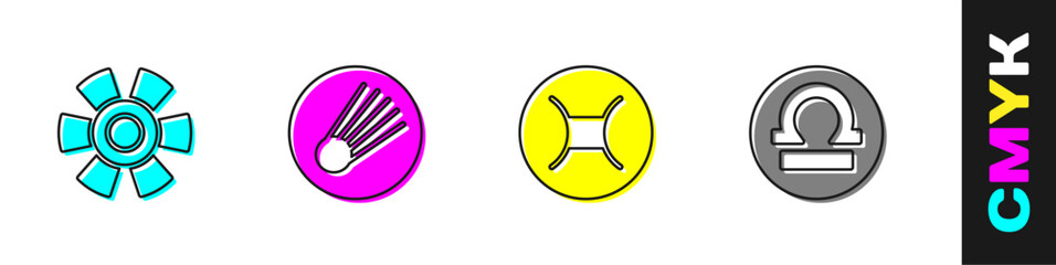 Set Sun, Comet, Gemini zodiac and Libra icon. Vector