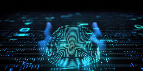Concept of digital security, electronic fingerprint on scanning screen. User authentication system with on virtual screen fingerprint scanning technology. 