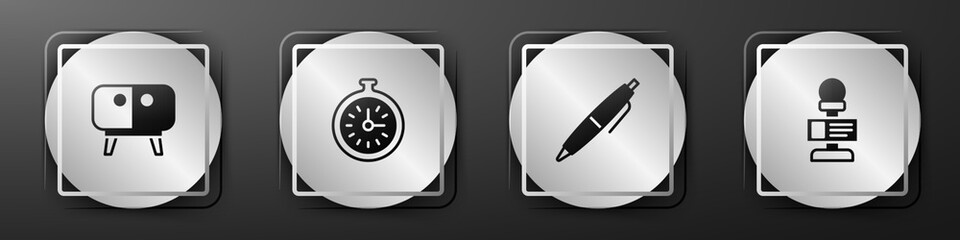 Fototapeta na wymiar Set TV table stand, Pocket watch, Pen and Microphone icon. Silver square button. Vector