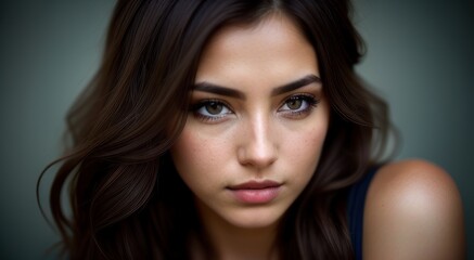 Obraz premium Close up view of a sexy brown-haired woman with natural make up, attractive brunette with beautiful look in brown tones looks at camera. Portrait of pretty young woman with long hair. Generative AI