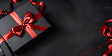 red ribbon gift box isolated on black background, black Friday concept generative ai