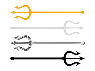 Set of Trident icons in gold, silver and black. Devil pitchfork collection isolated. Demon tridental spear. Flat and minimal vector illustration - obrazy, fototapety, plakaty