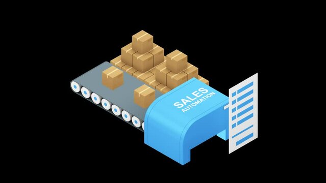Industrial conveyor process of producing technical equipments. 3d isometric illustration of modern production, packing in boxes by machinery robots on conveyor. Alpha channel