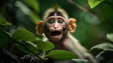 Baby Macaque Monkey Playing in the Jungle