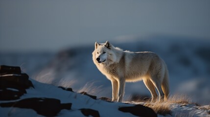 Fototapeta premium Arctic Wolf's Solitary Trek in the Icy Tundra