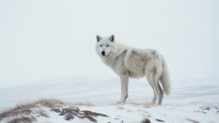 Naklejka premium Arctic Wolf's Solitary Trek in the Icy Tundra