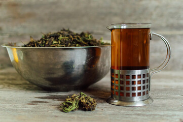 Green tea on a wooden background. High quality photo