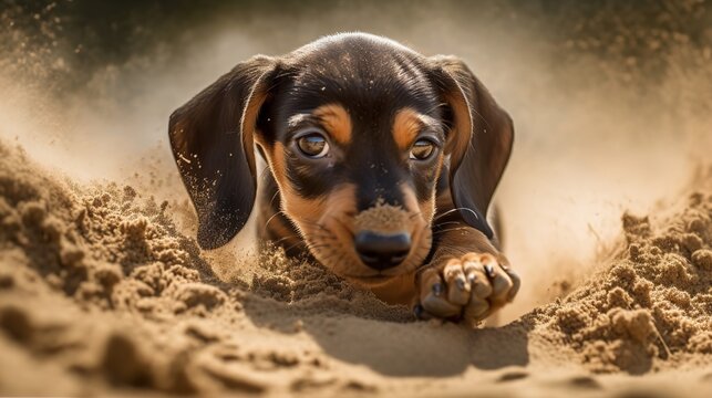 Dachshund Puppy's First Dig in the Sand
