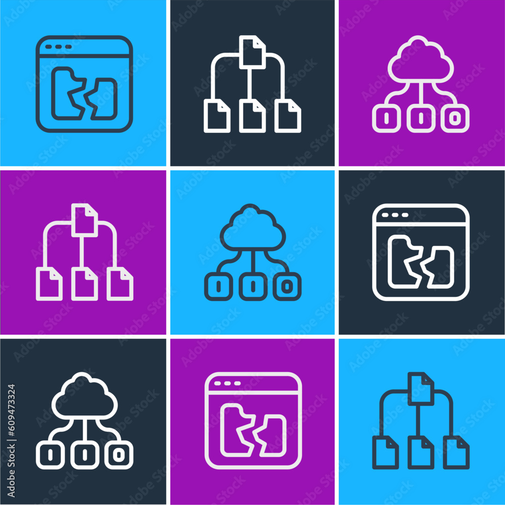 Poster set line broken file, cloud technology data transfer and folder tree icon. vector